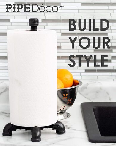 حامل مناشف ورقية صناعية مطلي باللون الأسود من Pipe DÉCOR، ديكور مزرعة المطبخ الريفي، قاعدة معدنية متينة ومجموعة حامل in Kuwait