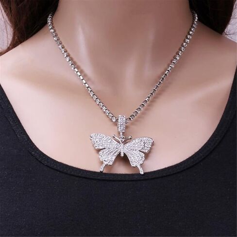 2Pcs Layered Hip Hop Shiny Rhinestone Bead Chunky Chain Butterfly Pendant Necklace Punk Crystal Cuban Link Chain Choker Collar Necklace for Women Girl Teen Party Birthday BarJewelry Gift in Saudi Arabia