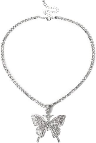 2Pcs Layered Hip Hop Shiny Rhinestone Bead Chunky Chain Butterfly Pendant Necklace Punk Crystal Cuban Link Chain Choker Collar Necklace for Women Girl Teen Party Birthday BarJewelry Gift in Saudi Arabia