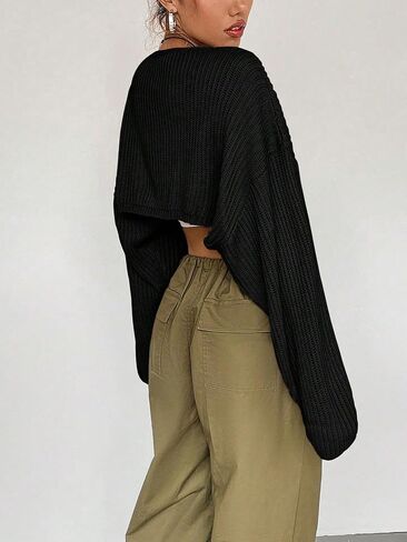 WDIRARA Women's Ribbed Knit Open Front Crop Cardigan Drop Shoulder Long Sleeve Sweater Tops in Saudi Arabia