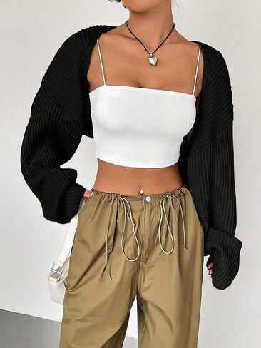 WDIRARA Women's Ribbed Knit Open Front Crop Cardigan Drop Shoulder Long Sleeve Sweater Tops in Saudi Arabia