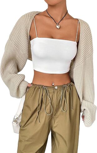 WDIRARA Women's Ribbed Knit Open Front Crop Cardigan Drop Shoulder Long Sleeve Sweater Tops in Saudi Arabia