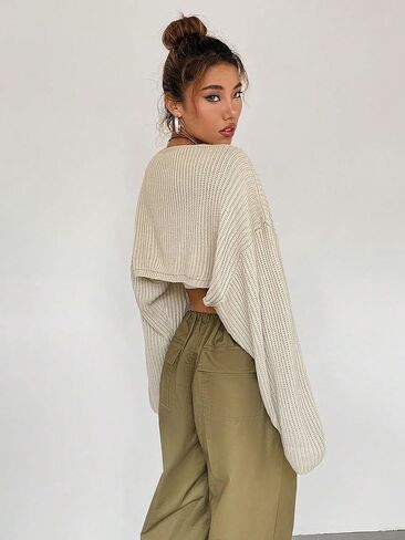 WDIRARA Women's Ribbed Knit Open Front Crop Cardigan Drop Shoulder Long Sleeve Sweater Tops in Saudi Arabia