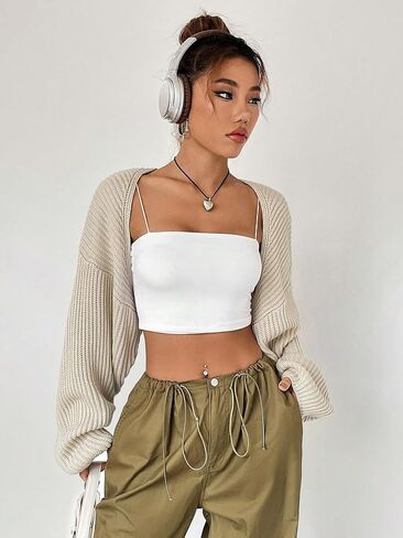 WDIRARA Women's Ribbed Knit Open Front Crop Cardigan Drop Shoulder Long Sleeve Sweater Tops in Saudi Arabia