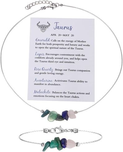 Natural Stone 12 Constellation Raw Zodiac Choker Necklace And Bracelet With Card Healing Chakra Crystals Zodiac Necklace Horoscope Astrology Jewelry in Saudi Arabia