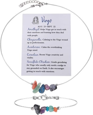 Natural Stone 12 Constellation Raw Zodiac Choker Necklace And Bracelet With Card Healing Chakra Crystals Zodiac Necklace Horoscope Astrology Jewelry in Saudi Arabia