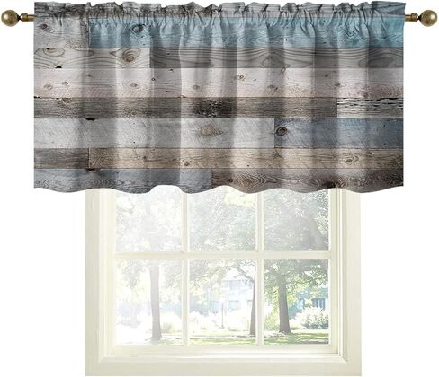 ستائر الستارة الزرقاء والرمادية للمطبخ الريفي باللون الرمادي المخضر الخشبي للمزرعة الريفية الفنية العتيقة الصغيرة ذات الجيب القصير لمعالجة النوافذ لغرفة المعيشة وغرفة النوم والحمام (52 × 18 بوصة) in Kuwait