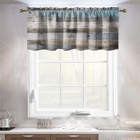 ستائر الستارة الزرقاء والرمادية للمطبخ الريفي باللون الرمادي المخضر الخشبي للمزرعة الريفية الفنية العتيقة الصغيرة ذات الجيب القصير لمعالجة النوافذ لغرفة المعيشة وغرفة النوم والحمام (52 × 18 بوصة) in Kuwait