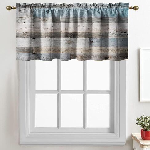ستائر الستارة الزرقاء والرمادية للمطبخ الريفي باللون الرمادي المخضر الخشبي للمزرعة الريفية الفنية العتيقة الصغيرة ذات الجيب القصير لمعالجة النوافذ لغرفة المعيشة وغرفة النوم والحمام (52 × 18 بوصة) in Kuwait