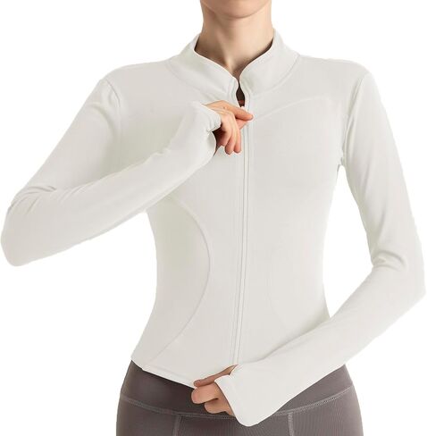Women's Cropped Lightweight Stretchy Running Track Jackets Full Zip Slim Fit Athletic Tops with Thumb Holes in Saudi Arabia