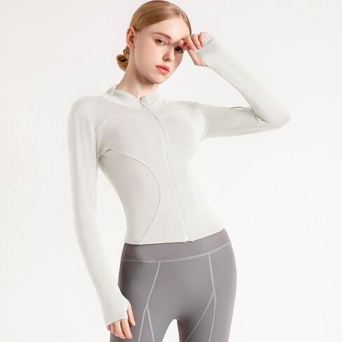 Women's Cropped Lightweight Stretchy Running Track Jackets Full Zip Slim Fit Athletic Tops with Thumb Holes in Saudi Arabia