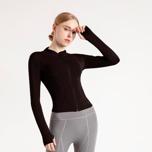 Women's Cropped Lightweight Stretchy Running Track Jackets Full Zip Slim Fit Athletic Tops with Thumb Holes in Saudi Arabia