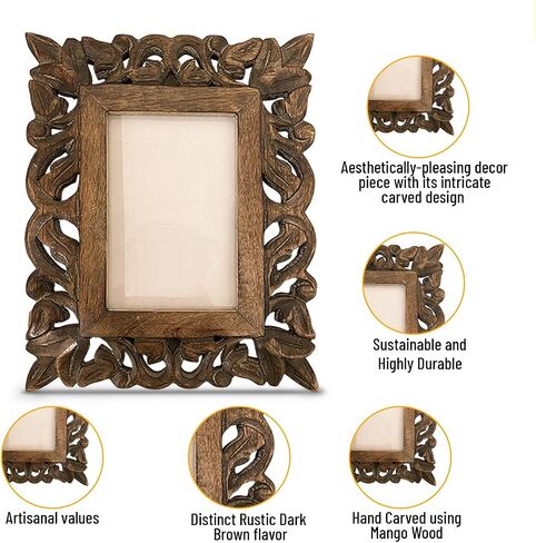 Hand Carved Mango Wood Rustic 4x6 Picture Frame with Real Glass - Aesthetic Vintage Wood Frame for Tabletop Use - Rustic Home Decor Perfect for Your Memories in Saudi Arabia