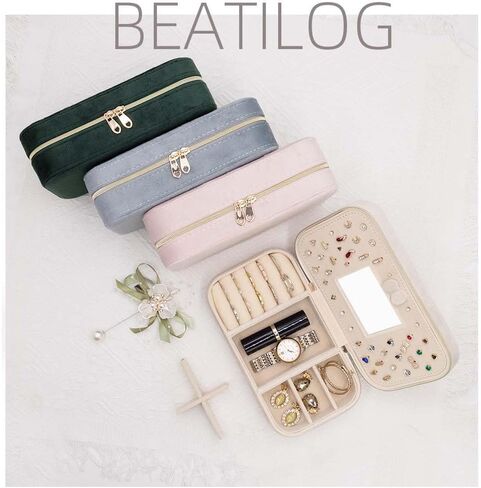 حقيبة مجوهرات للسفر، صندوق مجوهرات صغير مخملي للهدايا، صناديق حامل منظم مجوهرات السفر للنساء والفتيات، طبقتان مع مرآة للقرط والخاتم والقلادة والأساور (الزمرد) in Kuwait