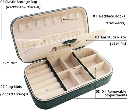 حقيبة مجوهرات للسفر، صندوق مجوهرات صغير مخملي للهدايا، صناديق حامل منظم مجوهرات السفر للنساء والفتيات، طبقتان مع مرآة للقرط والخاتم والقلادة والأساور (الزمرد) in Kuwait
