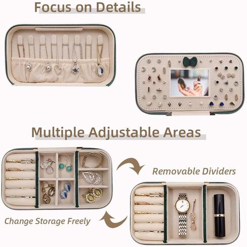 حقيبة مجوهرات للسفر، صندوق مجوهرات صغير مخملي للهدايا، صناديق حامل منظم مجوهرات السفر للنساء والفتيات، طبقتان مع مرآة للقرط والخاتم والقلادة والأساور (الزمرد) in Kuwait