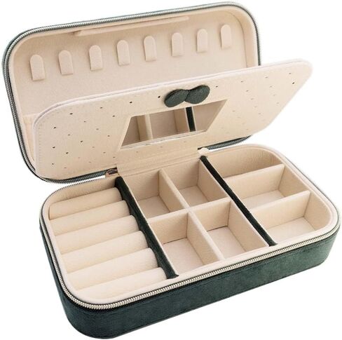 حقيبة مجوهرات للسفر، صندوق مجوهرات صغير مخملي للهدايا، صناديق حامل منظم مجوهرات السفر للنساء والفتيات، طبقتان مع مرآة للقرط والخاتم والقلادة والأساور (الزمرد) in Kuwait