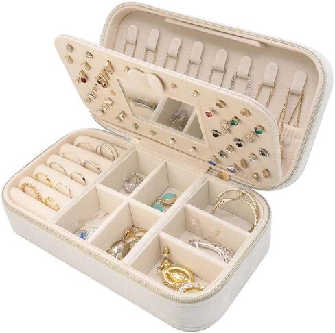 Travel Jewlery Case, Velvet Small Jewelry Box for Gifts, Traveling Jewelry Organizer Holder Boxes for Women Girls, 2 Layers with Mirror for Earring, Ring, Necklace, Bracelets (Beige) in Saudi Arabia