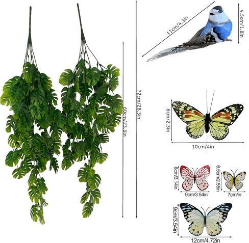 2pcs Artificial Plants Set Artificial Hanging Plants x2 Simulated Birds x1, Simulated Butterflies x4 for Wall House Room Patio Indoor Outdoor Decor in Saudi Arabia