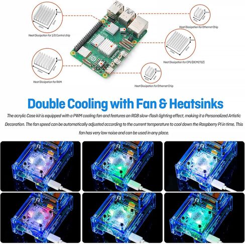 Raspberry Pi 5 Acrylic case مع المروحة ، مجموعة برودة مع مروحة تبريد 40 مم PWM RGB ، 5pcs أحواض الحرارة الألومنيوم ، قوس قابلة للتعديل في حالة الكاميرا RPI 5 ، متوافقة مع شاشة 3.5 بوصة. （الأزرق） in Kuwait
