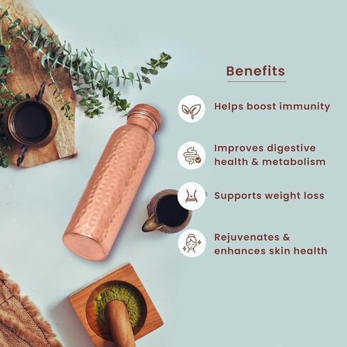 NZM 34oz Pure Copper Water Bottle for Drinking – Leak Proof Lid – 1000 mL Ayurvedic Hammered Copper Water Bottle in Saudi Arabia