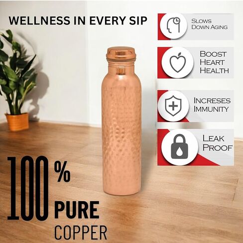 NZM 34oz Pure Copper Water Bottle for Drinking – Leak Proof Lid – 1000 mL Ayurvedic Hammered Copper Water Bottle in Saudi Arabia