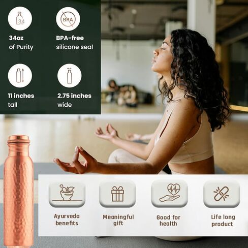 NZM 34oz Pure Copper Water Bottle for Drinking – Leak Proof Lid – 1000 mL Ayurvedic Hammered Copper Water Bottle in Saudi Arabia