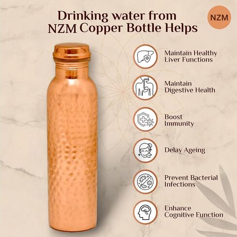 NZM 34oz Pure Copper Water Bottle for Drinking – Leak Proof Lid – 1000 mL Ayurvedic Hammered Copper Water Bottle in Saudi Arabia