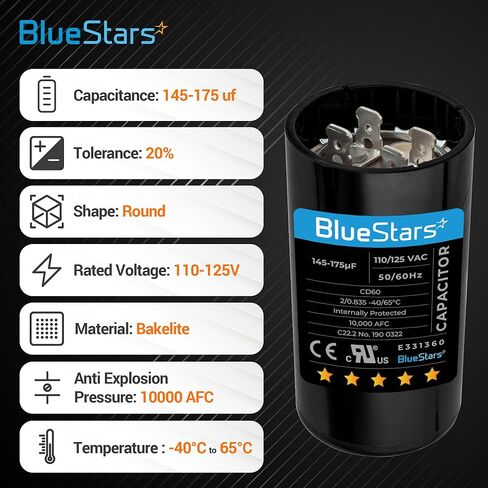 BlueStars Ultra Durable 145-175 uf MFD 50/60 Hz 110-125 VAC Volts Round Start Capacitor - Universal Fit for AC Condenser Fan and Electric Motor Applications - Pack of 1 in Saudi Arabia