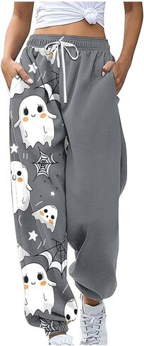 Women Halloween Sweatpants Cute Ghost Graphic Track Pants Drawstrings High Waisted Bottom Active Joggers with Pocket in Saudi Arabia
