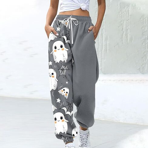Women Halloween Sweatpants Cute Ghost Graphic Track Pants Drawstrings High Waisted Bottom Active Joggers with Pocket in Saudi Arabia