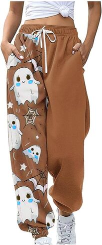 Women Halloween Sweatpants Cute Ghost Graphic Track Pants Drawstrings High Waisted Bottom Active Joggers with Pocket in Saudi Arabia