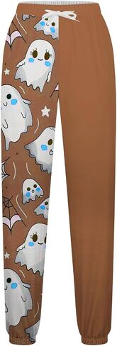Women Halloween Sweatpants Cute Ghost Graphic Track Pants Drawstrings High Waisted Bottom Active Joggers with Pocket in Saudi Arabia