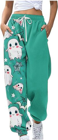 Women Halloween Sweatpants Cute Ghost Graphic Track Pants Drawstrings High Waisted Bottom Active Joggers with Pocket in Saudi Arabia