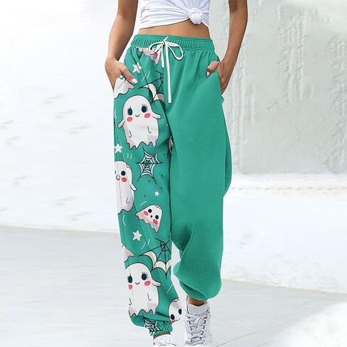 Women Halloween Sweatpants Cute Ghost Graphic Track Pants Drawstrings High Waisted Bottom Active Joggers with Pocket in Saudi Arabia