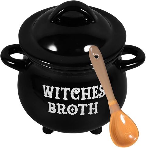 Gleavi Witch Brew Cauldron Bowl: الساحرة السوداء السيراميك مرق المرجل مع غطاء وملعقة مكنسة لزخرفة الحفلات الهالوين in Saudi Arabia