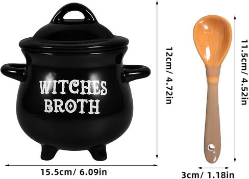 Gleavi Witch Brew Cauldron Bowl: الساحرة السوداء السيراميك مرق المرجل مع غطاء وملعقة مكنسة لزخرفة الحفلات الهالوين in Saudi Arabia