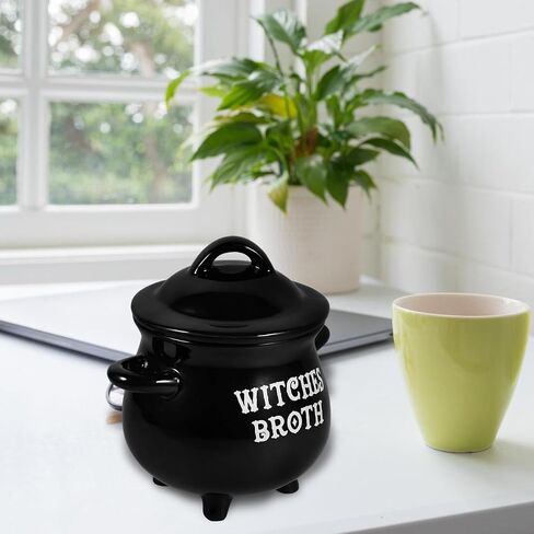 Gleavi Witch Brew Cauldron Bowl: الساحرة السوداء السيراميك مرق المرجل مع غطاء وملعقة مكنسة لزخرفة الحفلات الهالوين in Saudi Arabia
