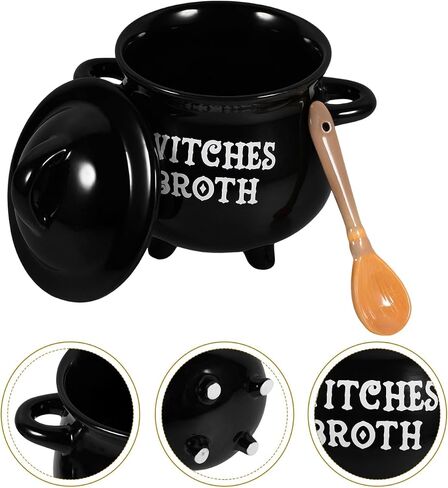 Gleavi Witch Brew Cauldron Bowl: الساحرة السوداء السيراميك مرق المرجل مع غطاء وملعقة مكنسة لزخرفة الحفلات الهالوين in Saudi Arabia