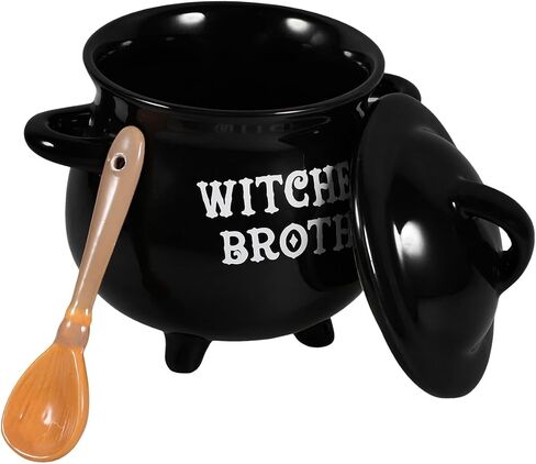 Gleavi Witch Brew Cauldron Bowl: الساحرة السوداء السيراميك مرق المرجل مع غطاء وملعقة مكنسة لزخرفة الحفلات الهالوين in Saudi Arabia