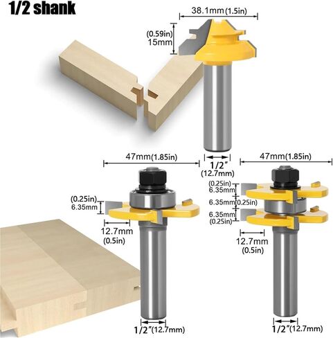 3Pcs 6/8/12mm 1/4in 1/2in Shank Tongue Groove Joint Assembly Bit Set 45 Degree Lock Miter Rout3/4inch Stock(3PCS 0.5inch Shank) in Saudi Arabia