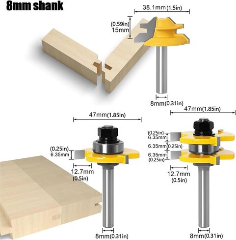 3Pcs 6/8/12mm 1/4in 1/2in Shank Tongue Groove Joint Assembly Bit Set 45 Degree Lock Miter Rout3/4inch Stock(3PCS 0.5inch Shank) in Saudi Arabia