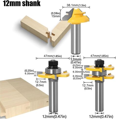 3Pcs 6/8/12mm 1/4in 1/2in Shank Tongue Groove Joint Assembly Bit Set 45 Degree Lock Miter Rout3/4inch Stock(3PCS 0.5inch Shank) in Saudi Arabia