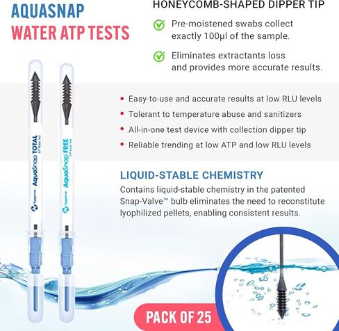 Bio Shield Tech Hygiena Aquasnap Total AQ-100X ، مجموعات اختبار ATP المائية لكل من ATP المجاني والميكروبي ، مجموعة اختبار جودة المياه لأبراج تبريد المياه ، وتستخدم مع Luminometers Hygiena (100 لكل صندوق) in Kuwait