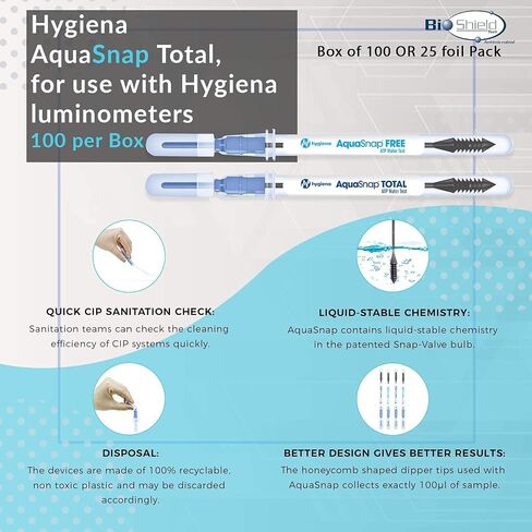Bio Shield Tech Hygiena Aquasnap Total AQ-100X ، مجموعات اختبار ATP المائية لكل من ATP المجاني والميكروبي ، مجموعة اختبار جودة المياه لأبراج تبريد المياه ، وتستخدم مع Luminometers Hygiena (100 لكل صندوق) in Kuwait