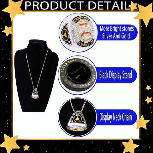 12 PCS Baseball Ring Softball Championship Ring Sport Ball Trophy Award مع سلسلة رقبة العرض والوقوف في البطولة أو فائز بطل الدوري in Saudi Arabia