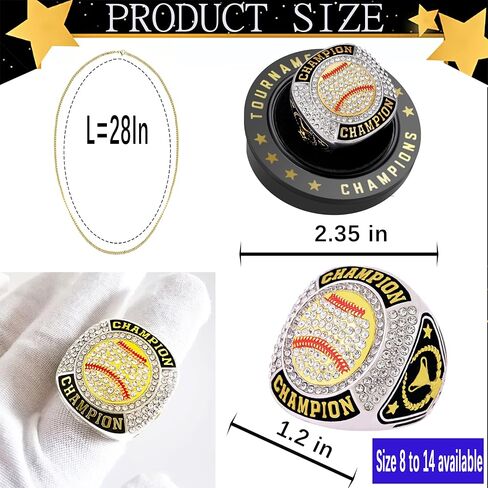12 PCS Baseball Ring Softball Championship Ring Sport Ball Trophy Award مع سلسلة رقبة العرض والوقوف في البطولة أو فائز بطل الدوري in Saudi Arabia