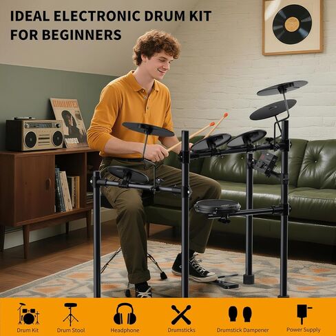 AiJoy Electric Drum Set for Beginners with 210 Sounds, 4 Quiet Drum Pads, 10'' Cymbals, Electronic Drum Kit with Headphones, 2 Pedals, Throne, Sticks, Gifts for Kids Adults (ADD15) in Saudi Arabia