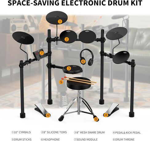 AiJoy Electric Drum Set for Beginners with 210 Sounds, 4 Quiet Drum Pads, 10'' Cymbals, Electronic Drum Kit with Headphones, 2 Pedals, Throne, Sticks, Gifts for Kids Adults (ADD15) in Saudi Arabia
