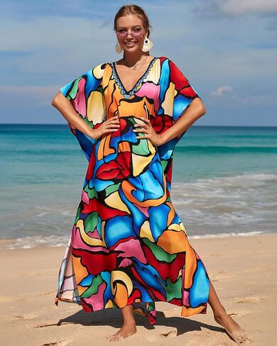BSUBSEACH فساتين Kaftan للنساء بالإضافة إلى حجم ربطة عنق صبغة Batwing Caftans Swimsuit Coverup Maxi Loungwear in Saudi Arabia